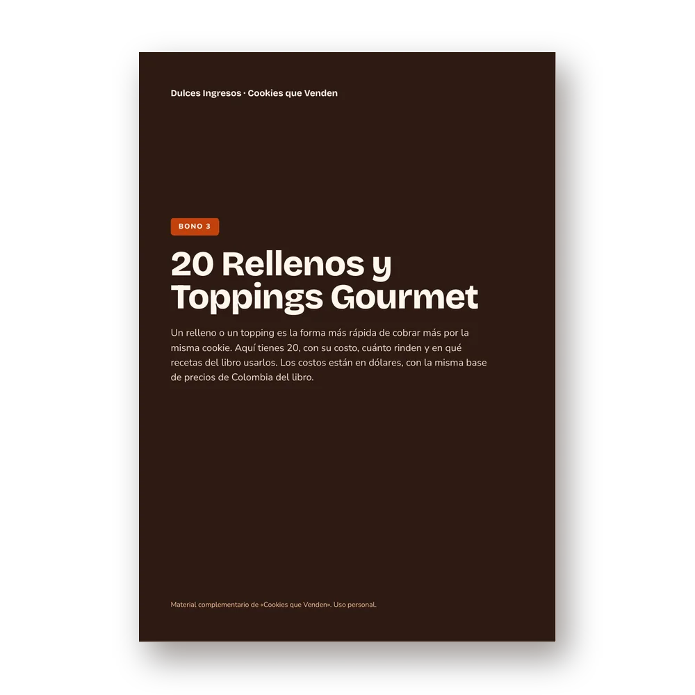 Portada del Bono 3, 20 Rellenos y Toppings Gourmet: ganache, arequipe, queso crema y glaseados