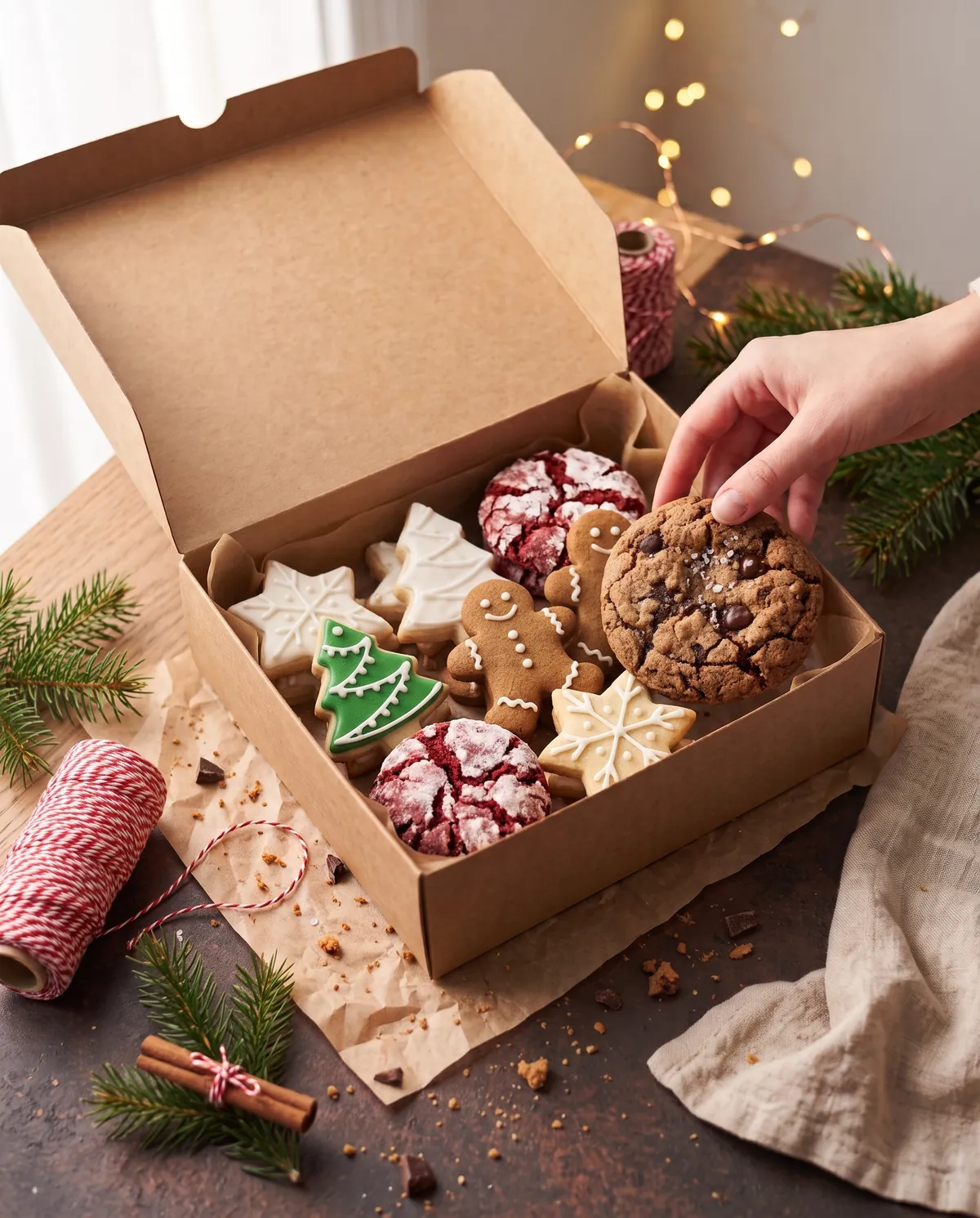 Cookie box navideña de cartón kraft abierta, con galletas de jengibre, estrellas glaseadas, un arbolito verde, crinkles rojos y una cookie de chocolate