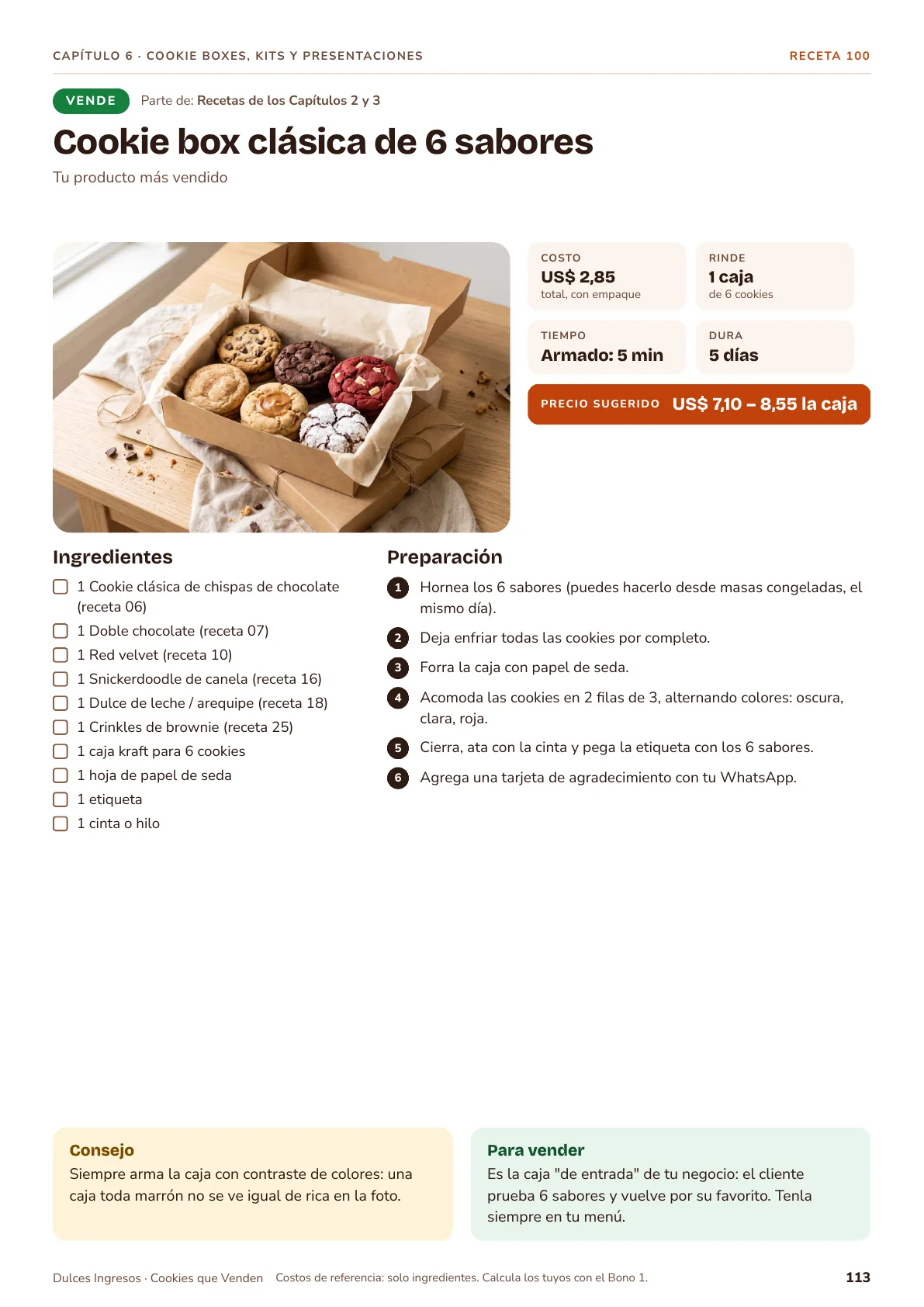 Página de la cookie box clásica de 6 sabores, con la caja kraft abierta llena de cookies