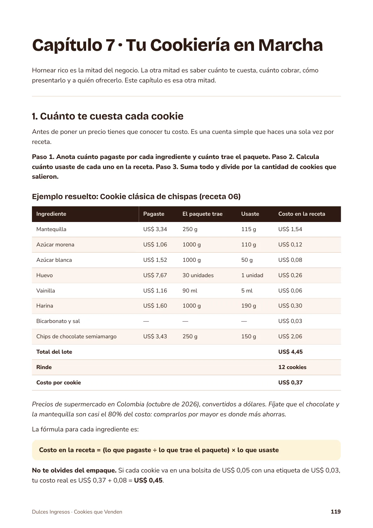 Página del capítulo 7 con la tabla Cuánto te cuesta cada cookie y el ejemplo resuelto de la receta 06