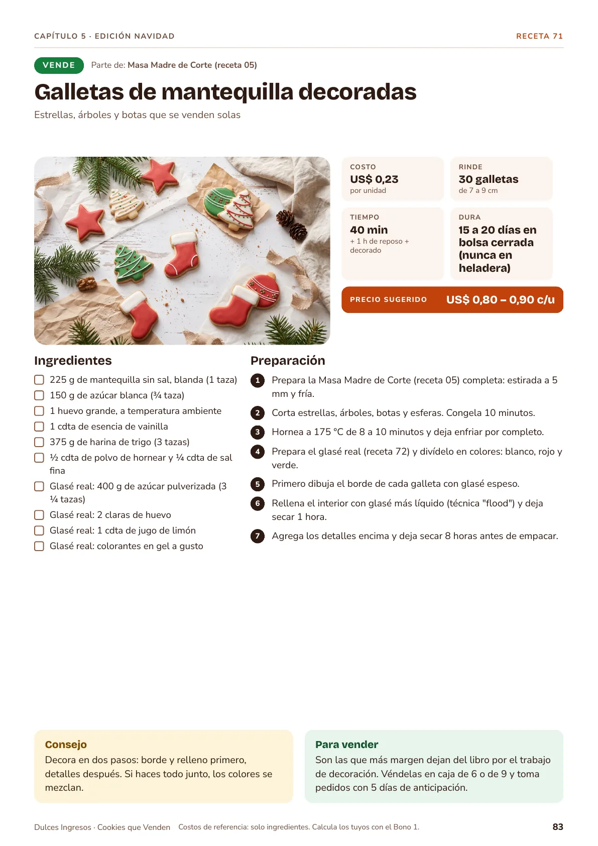 Página de la receta 71, galletas de mantequilla decoradas con glaseado navideño