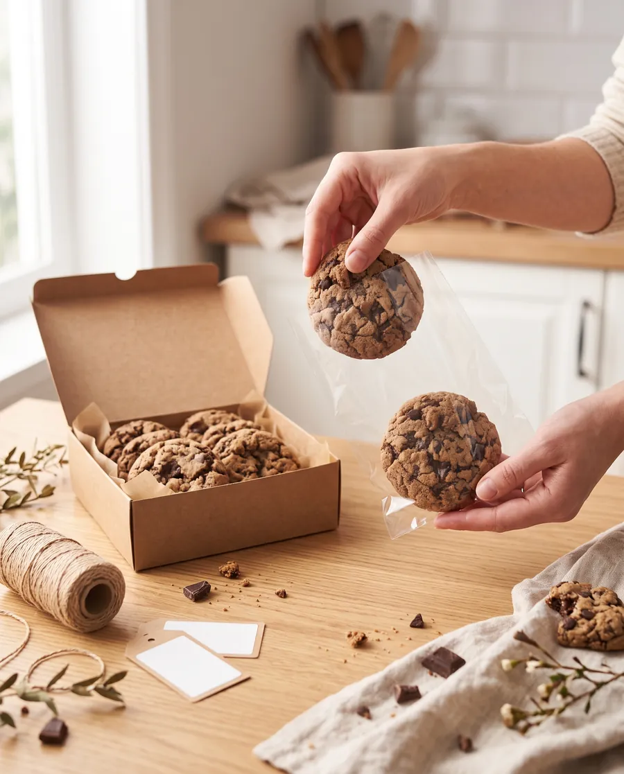 Manos guardando una cookie de chocolate en una bolsita transparente junto a una caja kraft con cookies